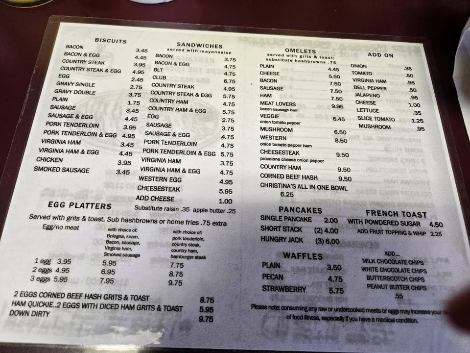 Printed breakfast menu beside a coffee mug