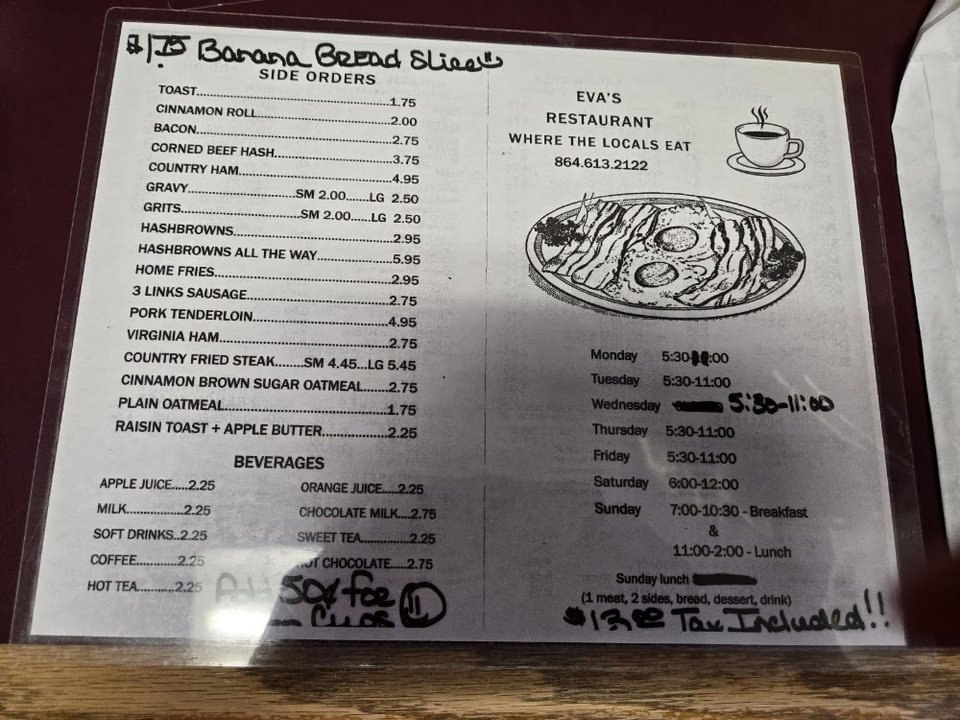 Menu page with morning dishes listed