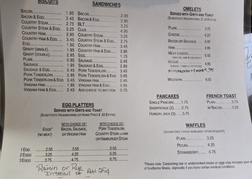 Restaurant menu showing eggs and toast options